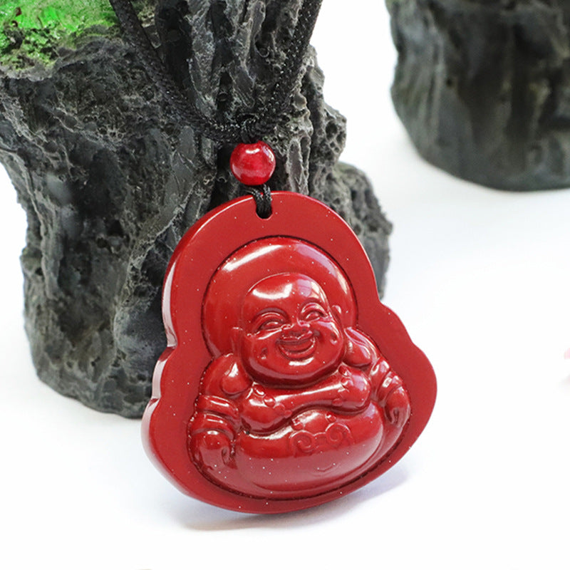 Vermilion Sand Buddha Pendant with Cinnabar Stone and Gold Accents