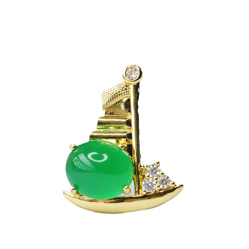 Emperor Green Chalcedony Round Bead Zircon Sailboat Pendant