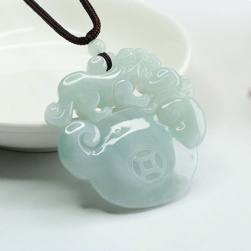 Good Luck Charm Burmese Jade Pendant with Sterling Silver Pixiu Detail