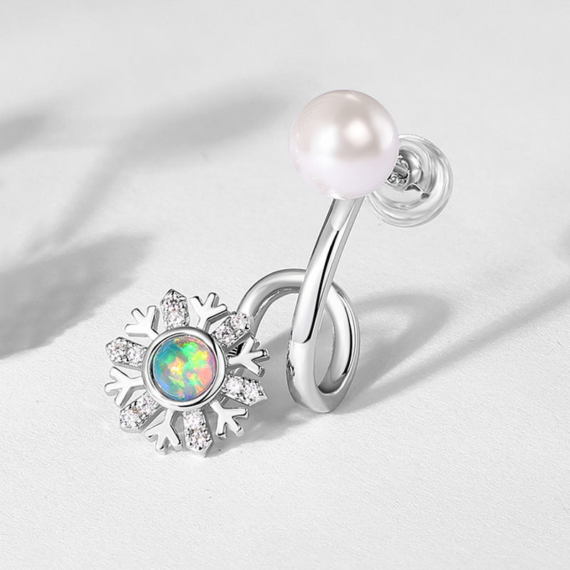 Round Opal Zircon Snowflake with Pearl Sterling Silver Stud Earrings