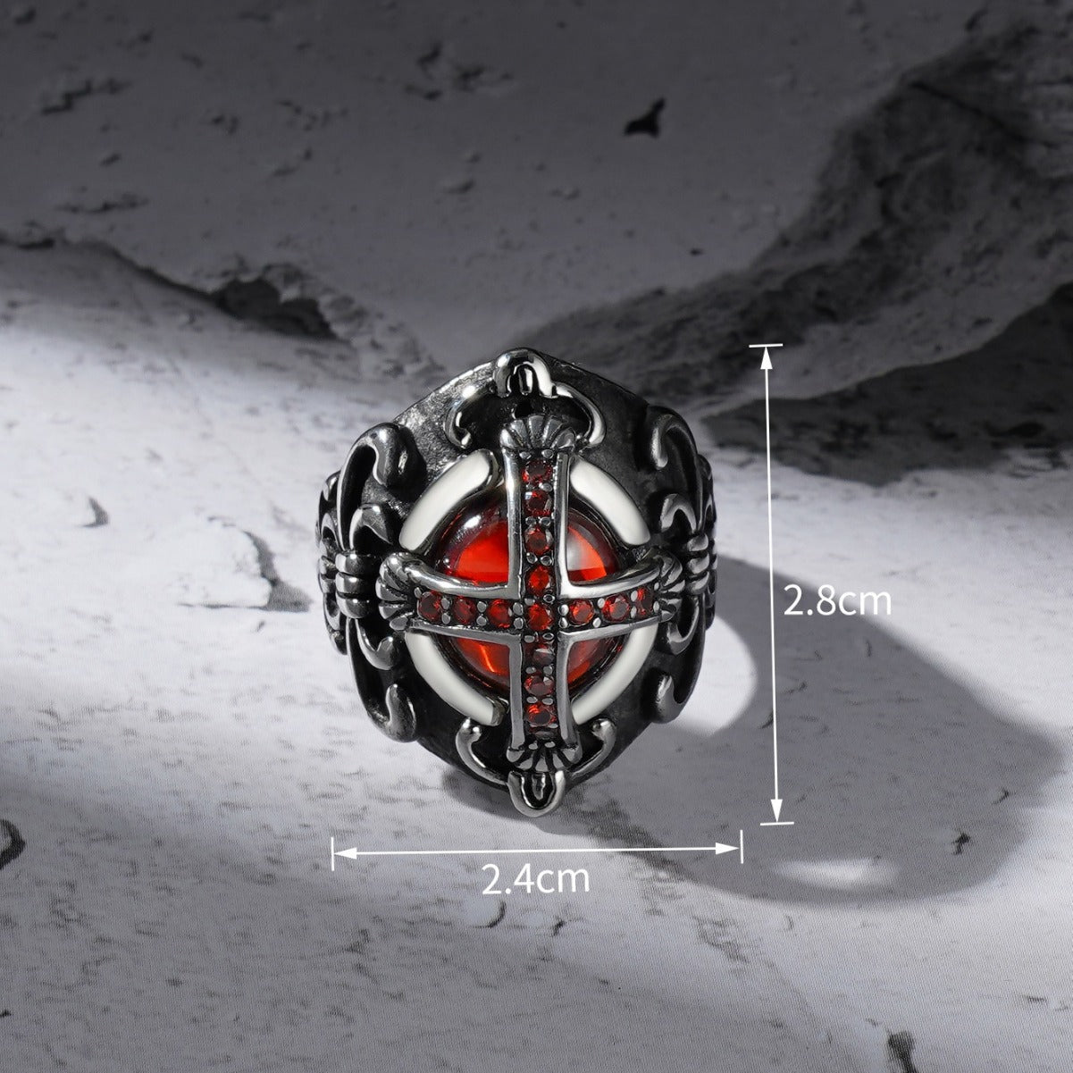 Gothic Crown Ring for Men with Dominant Red Zircon in Titanium Steel