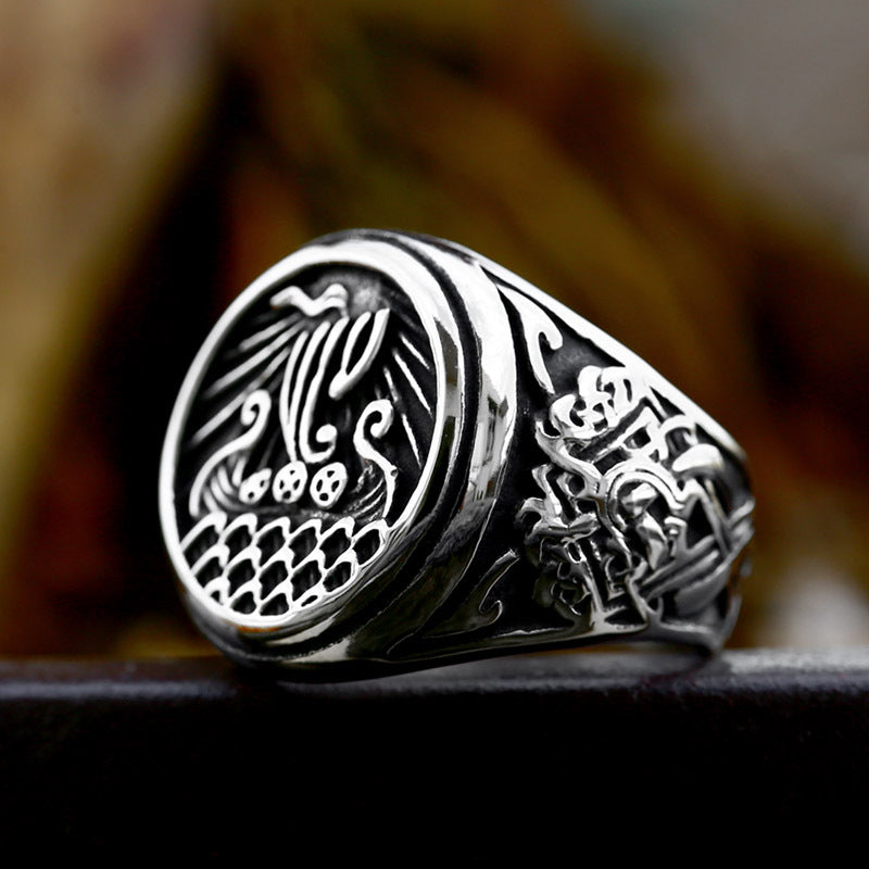 Titanium Steel Viking Ship Adventure Ring for Men