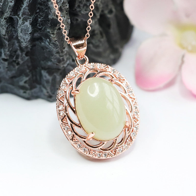 Hollow Flower Zircon Sterling Silver Necklace with Natural Hetian Jade