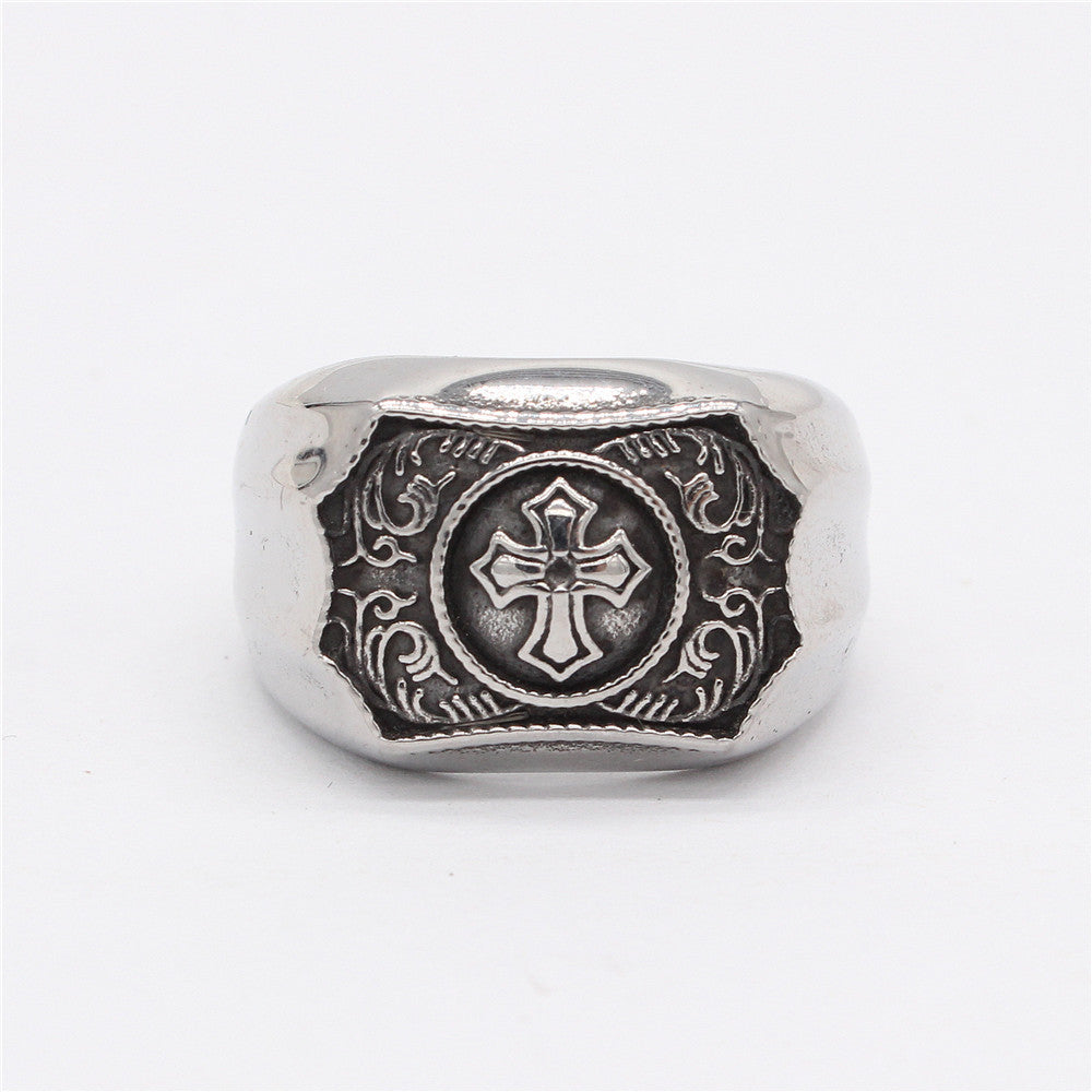 Palace Style Carved Cross Titanium Steel Ring for Men