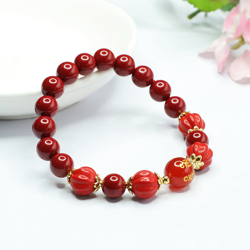 Cinnabar and Purple Gold Sand Beaded Bracelet with Sterling Silver Accents