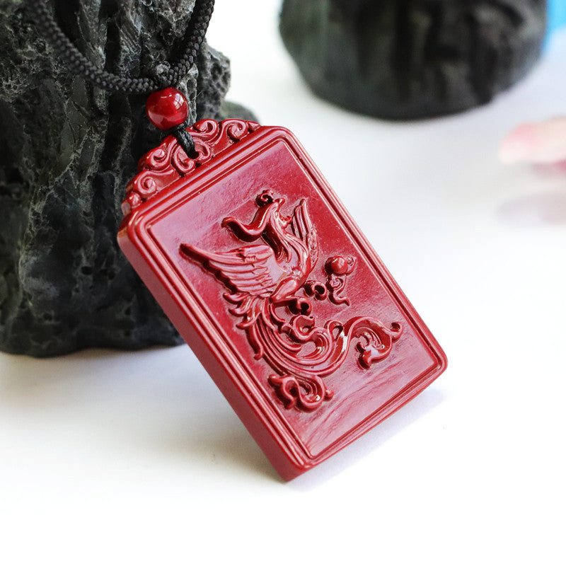 Cinnabar Pendant Purple Sand Double-sided Carving Dragon and Phoenix Square Brand Jewelry