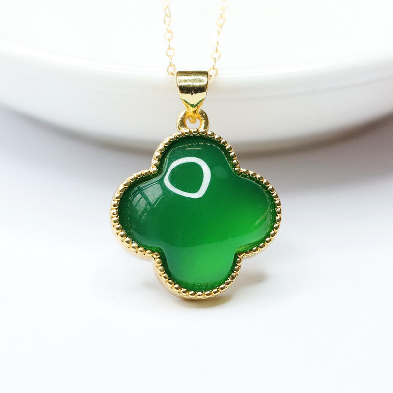 Green Chalcedony Four-leaf Clover Pendant Golden Neckalce Jewelry