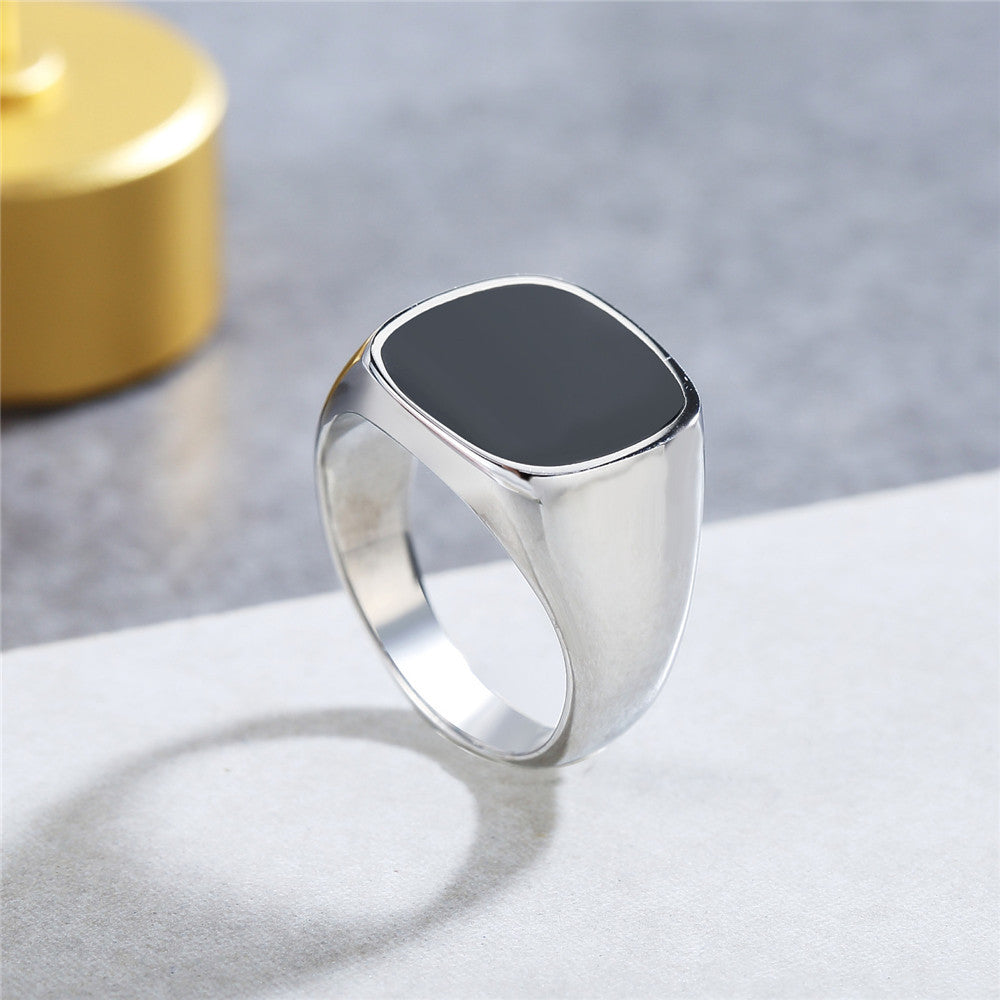 Men's Titanium Steel Ring with Simple Black Drop Oil Design