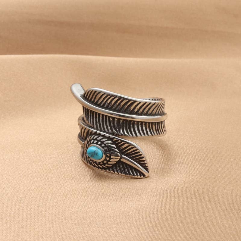 Titanium Steel Turquoise Animal Feather Ring - Retro Trendy Men's Accessory