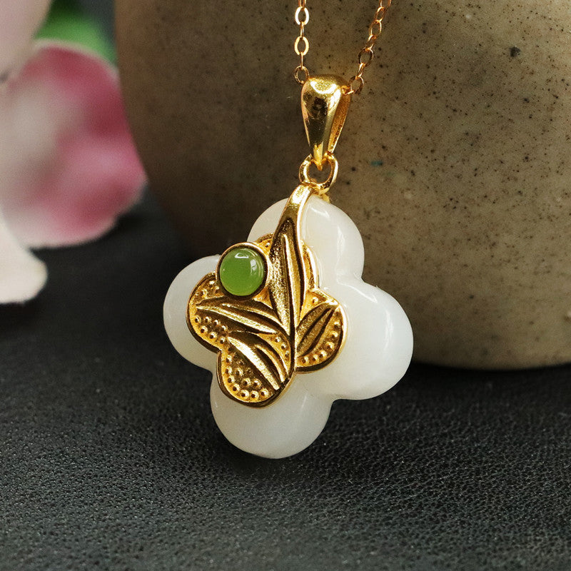 Sterling Silver Four Leaf Grass Hotan Jade Pendant Necklace