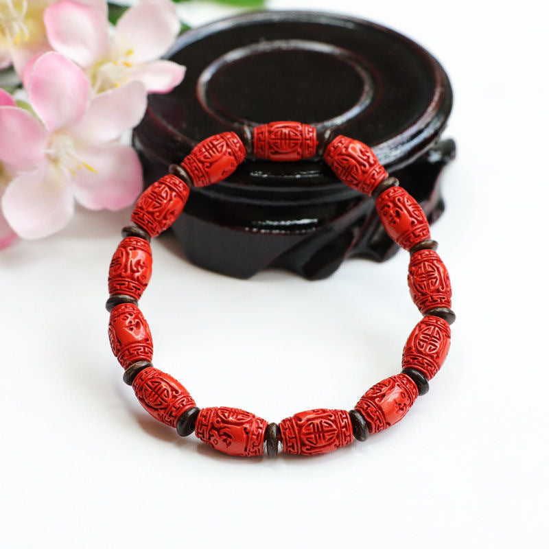 Red Sand Carved Bucket Bead Bracelet with Sterling Silver Needle