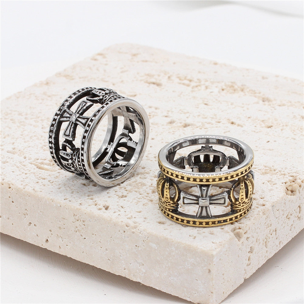 European and American Men's Retro Hollow Roman Crown Titanium Steel Ring