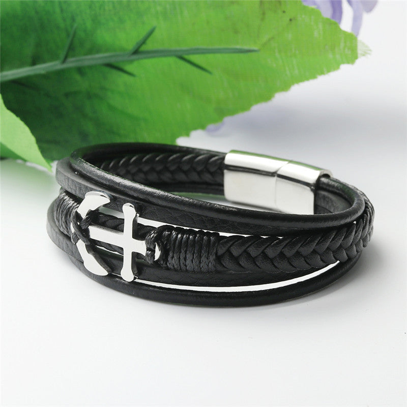 Punk-Inspired Titanium Steel Cross Hook Leather Bracelet for Men