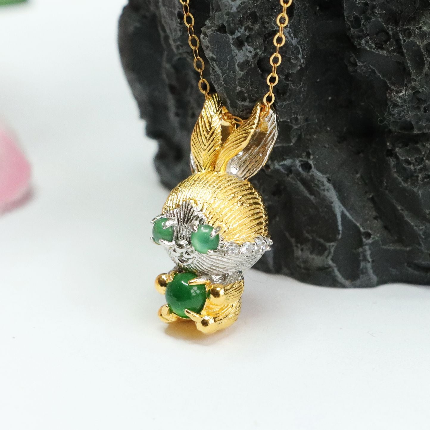 Jade Beaded Two Tone Rabbit Necklace with Sterling Silver