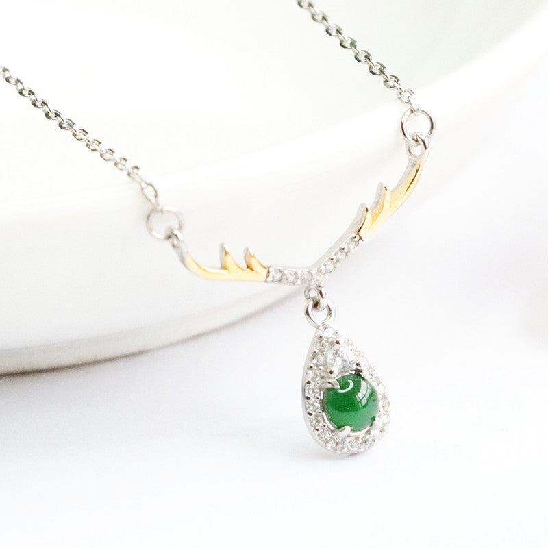 S925 Sterling Silver Elegant Water Drop Deer Necklace with Natural Ice Emperor Green Jadeite