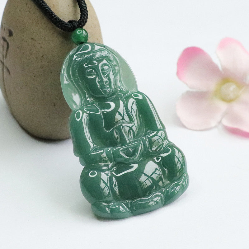 Elegant Green Jade Guanyin Pendant Crafted in Sterling Silver