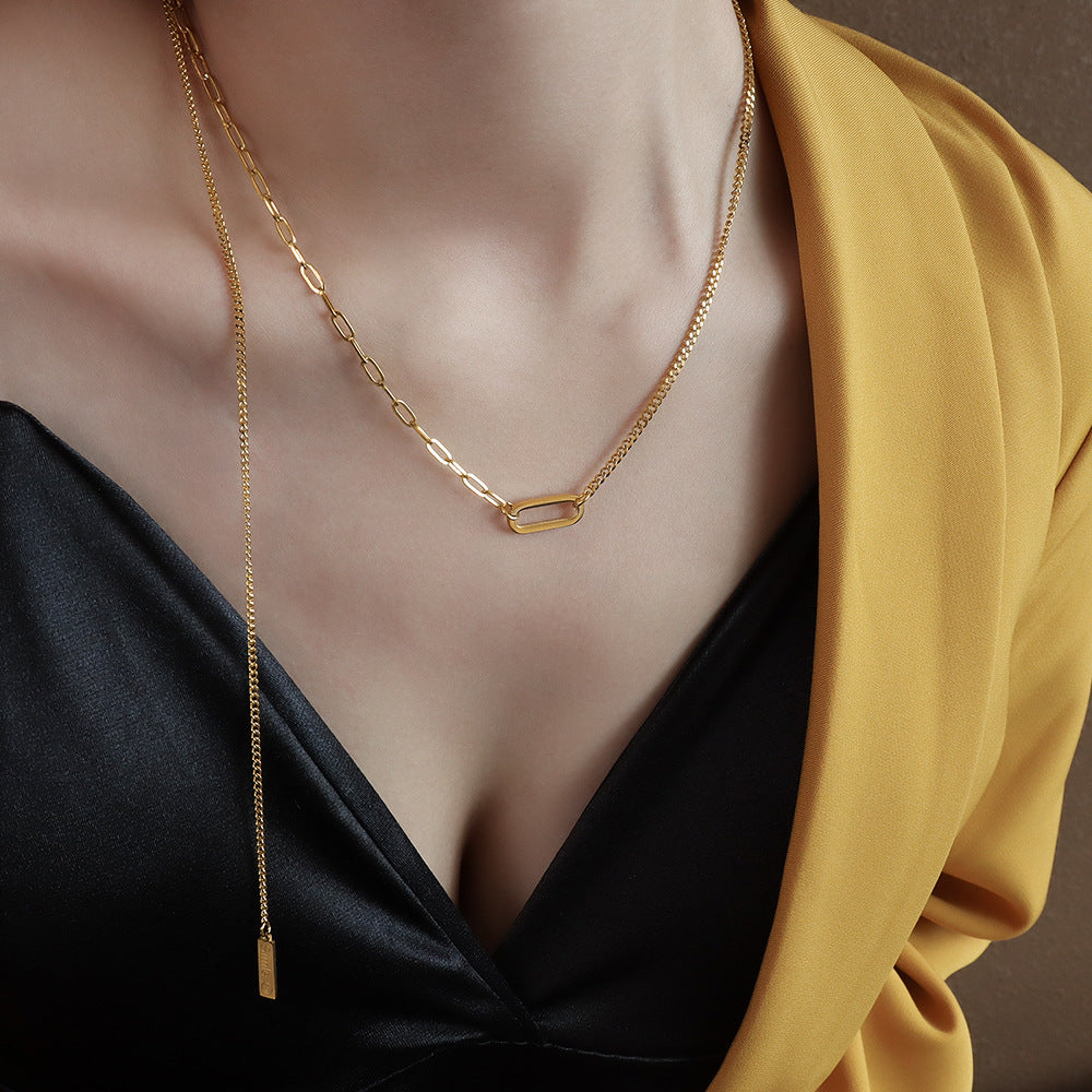 French Instagram Style Gold Tassel Necklace with Elliptical Geometry Pendant