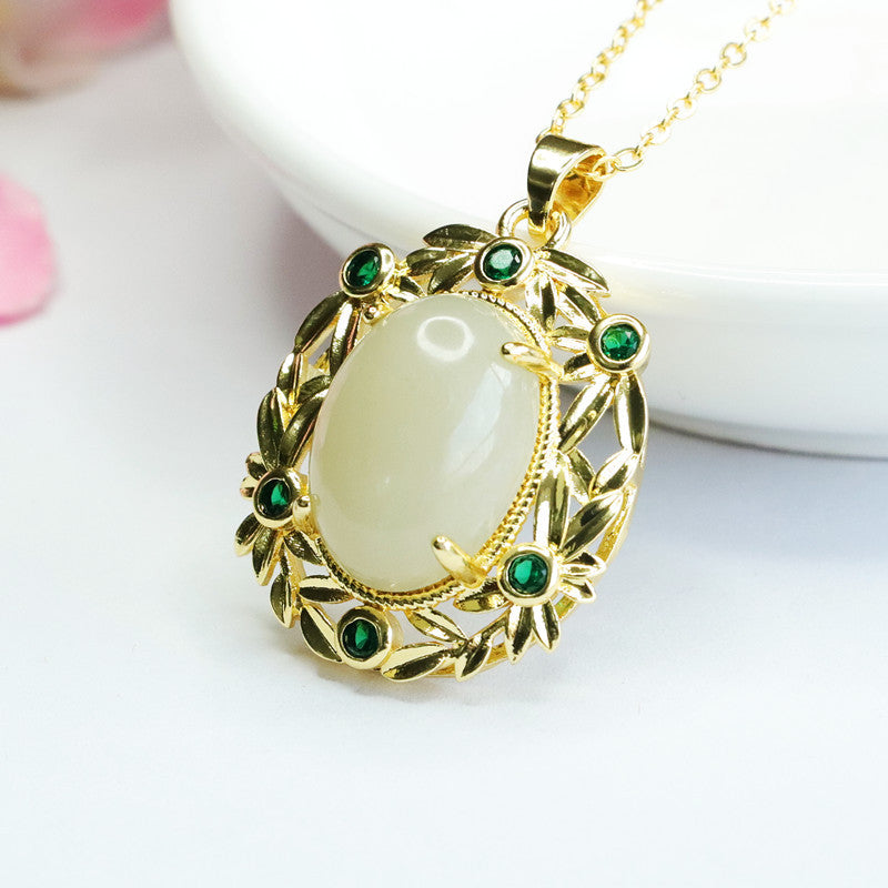 Green Zircon Bamboo Leaf Oval Hotan Jade Pendant Jewelry