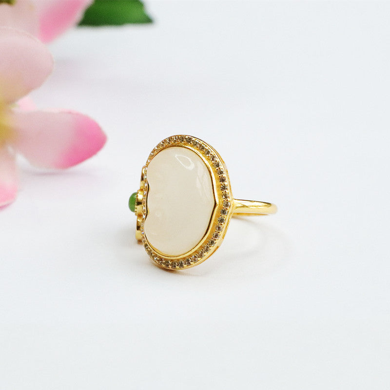 White and Green Jade Ruyi Symbol Sterling Silver Ring - Fortune's Favor