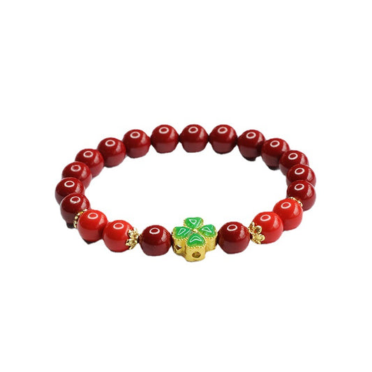 Purple Gold Sand Bracelet with Cinnabar Stone and Four-leaf Clover Jade, Inspired by Palace Aesthetics