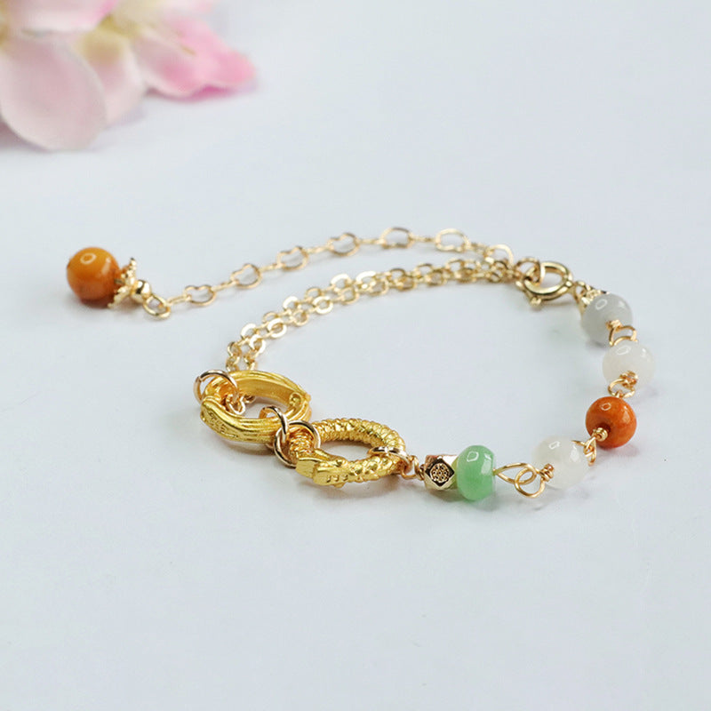 Double Ring Jade Dragon Phoenix Bracelet with Three Color Abacus Beads