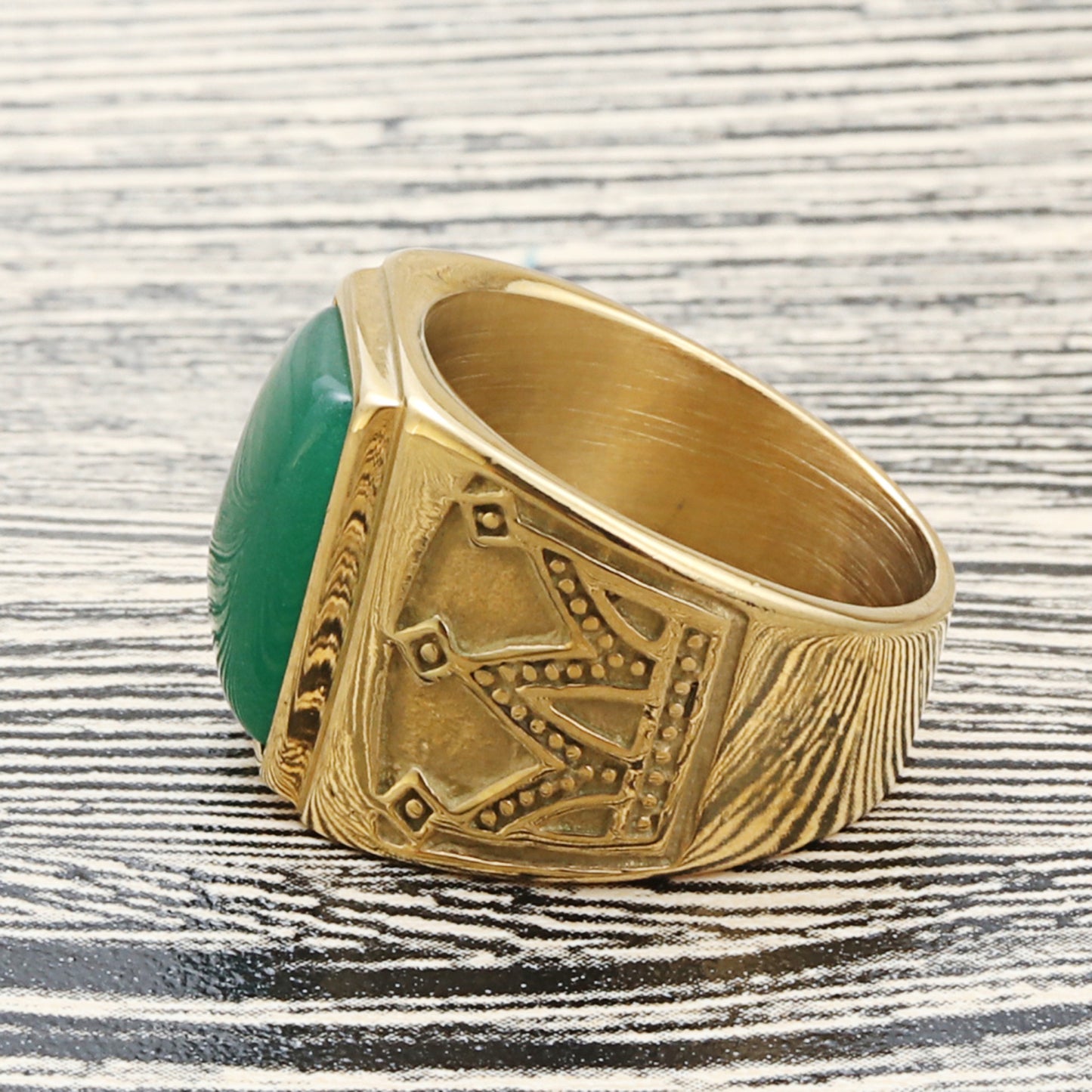 Titanium Steel Crown Ring with Green Gemstone - Retro Punk Style for Men