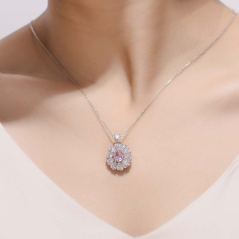 Flower Halo Oval Cut Pink Zircon Silver Necklace