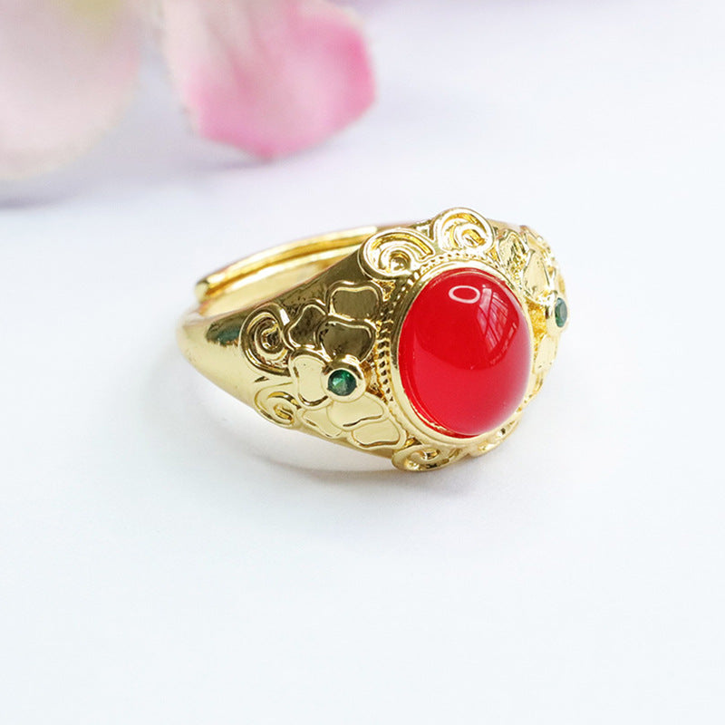 Regal Golden Sterling Silver Ring with Chalcedony and Red Agate