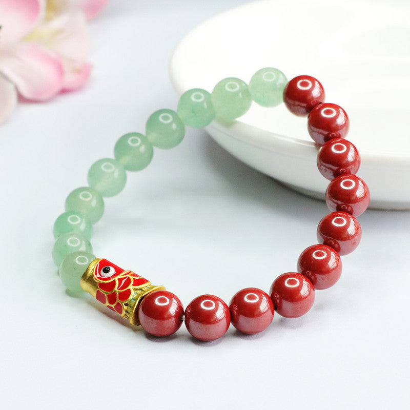 Emperor Cinnabar and Green Aventurine Jade Bracelet with Koi Fish Symbol