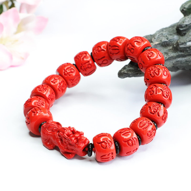 Red Sand Pixiu Cinnabar Bracelet with Six-character Proverb