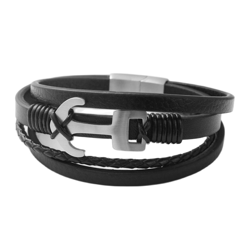 Personalized Men's Titanium Steel Hollow Hook Woven Leather Bracelet - Punk Style Anchor Design