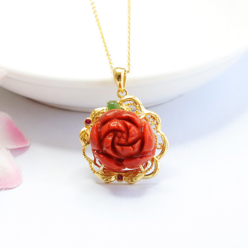 Southern Red Agate Peony Flower Necklace crafted in Sterling Silver