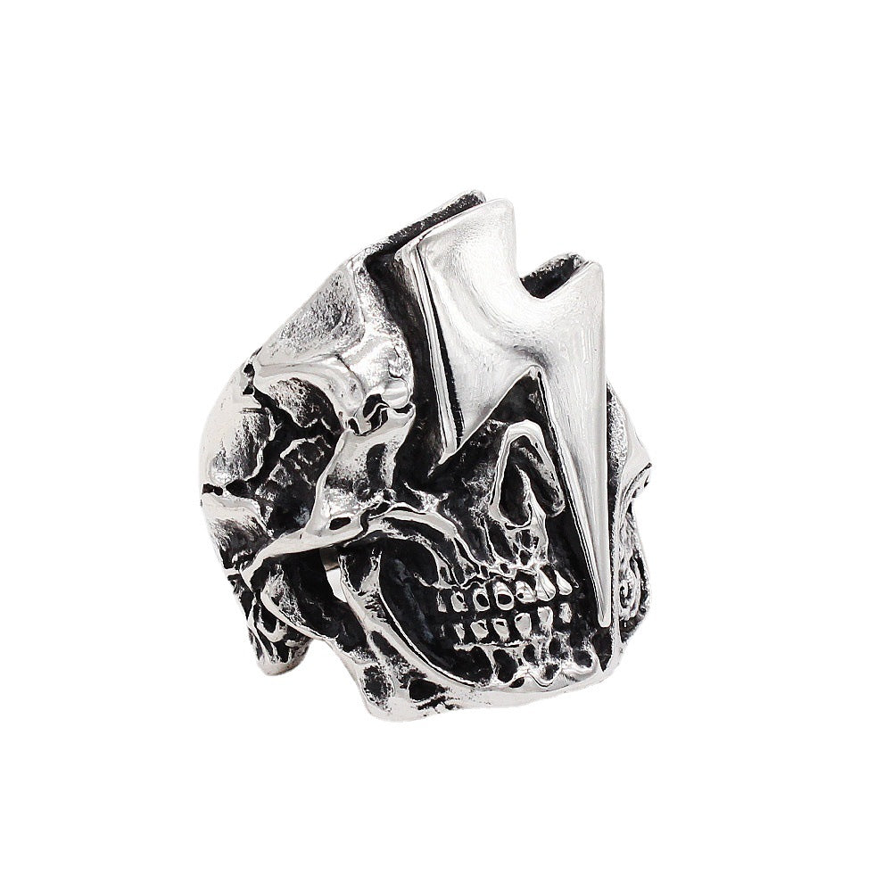 Men's Retro Skull Head Titanium Steel Ring with Lightning Design