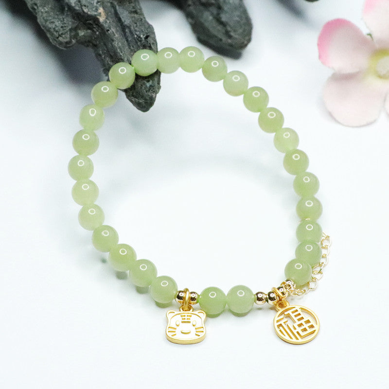 Jade Tiger Tassel Bracelet with Sterling Silver Charm