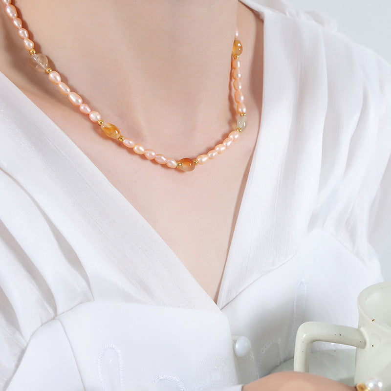 Elegant French Pink Freshwater Pearl Beaded Clavicle Necklace