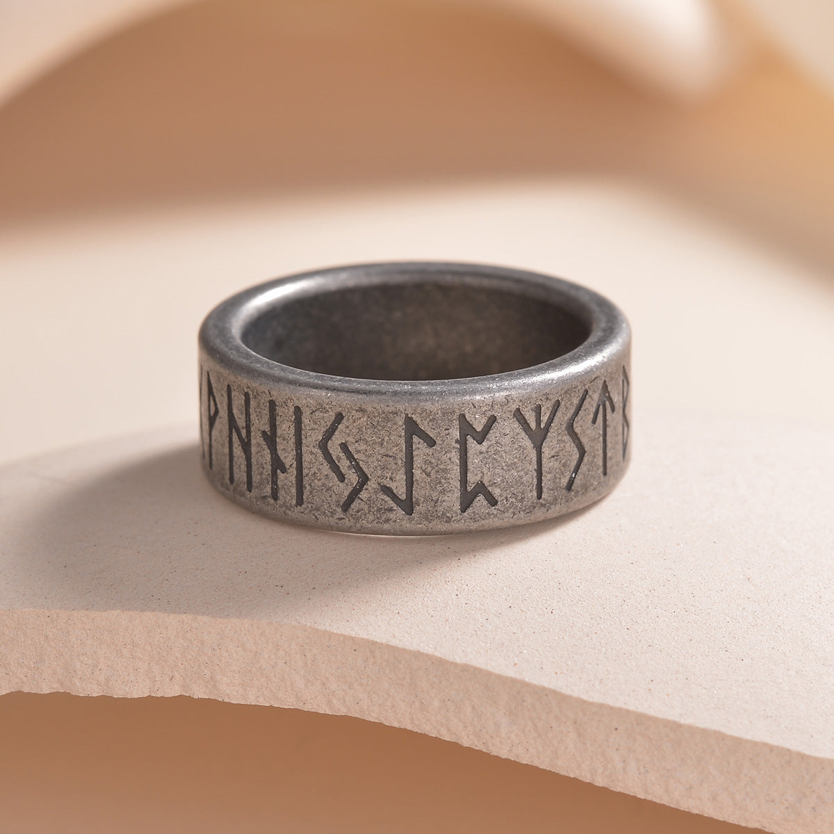 Nordic Viking Rune Titanium Steel Men's Ring - Ancient Silver Finish