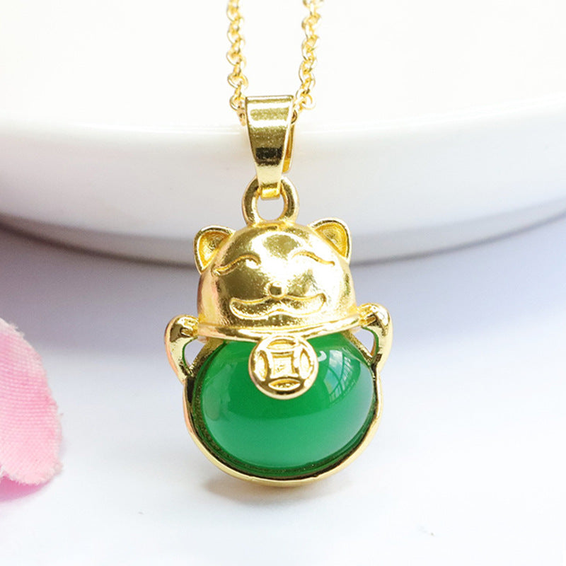 Lucky Cat Chalcedony Sterling Silver Necklace