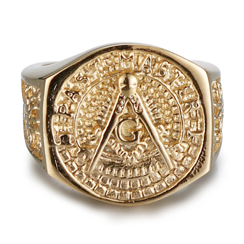 Freemasonry-Inspired Retro Gold Titanium Steel Ring for Modern Men