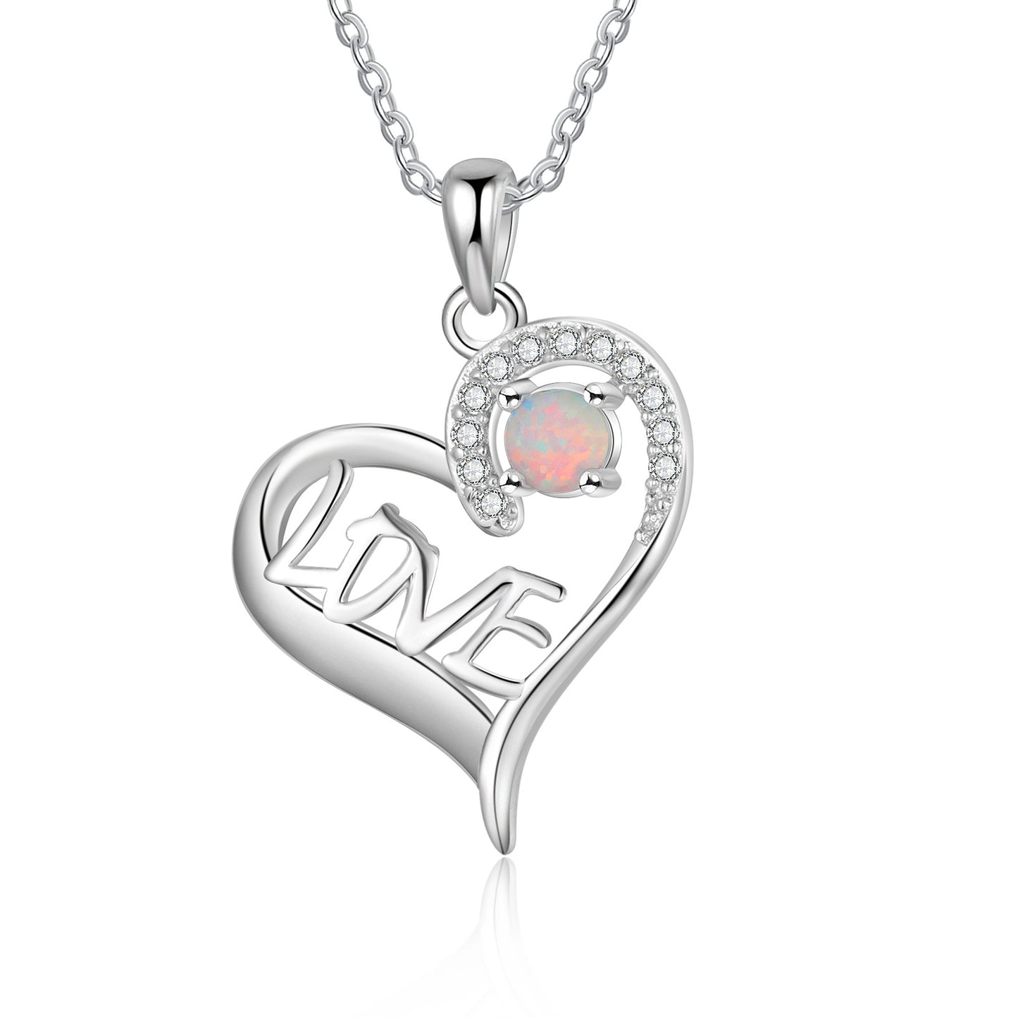 Round Opal Zircon LOVE Heart Shape Sterling Silver Necklace