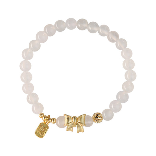 Clear and Sweet Bow Hollow Ball Natural White Agate Crystal Bracelet