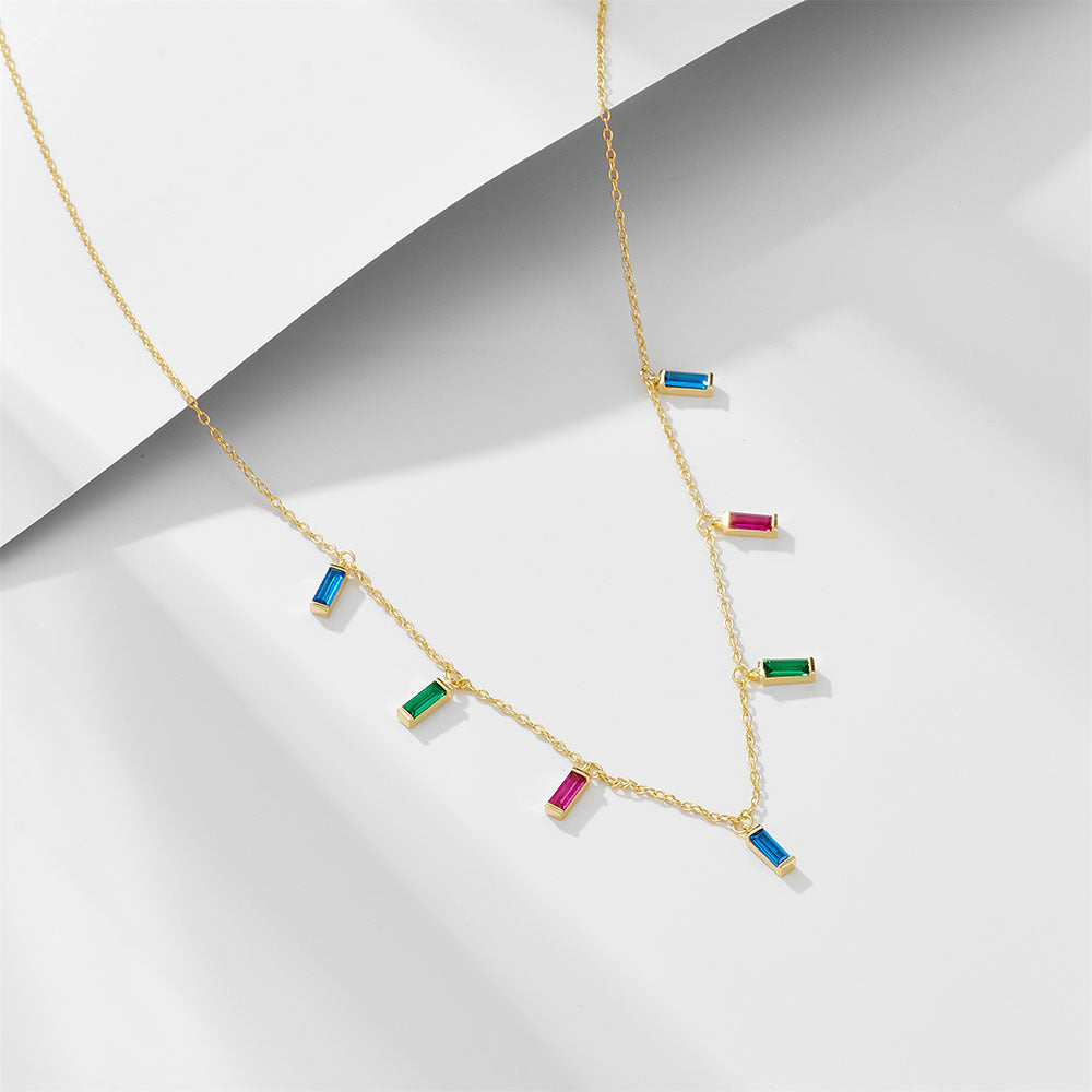 Small Rectangle Rainbow Zircons Silver Necklace