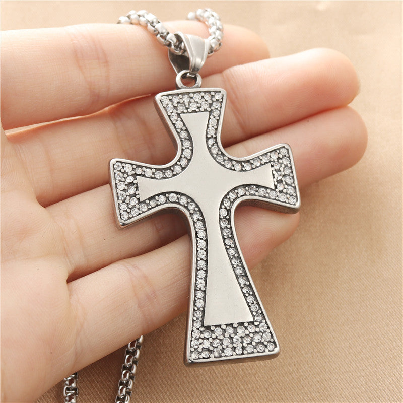 Personalized Titanium Steel Cross Pendant Necklace for Men - Retro Punk Style with Stone Accent