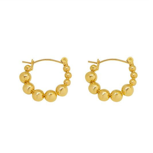 Elegant French-inspired Hong Kong Style Round Bead Earrings - 18K Gold Plated Titanium Steel Jewelry