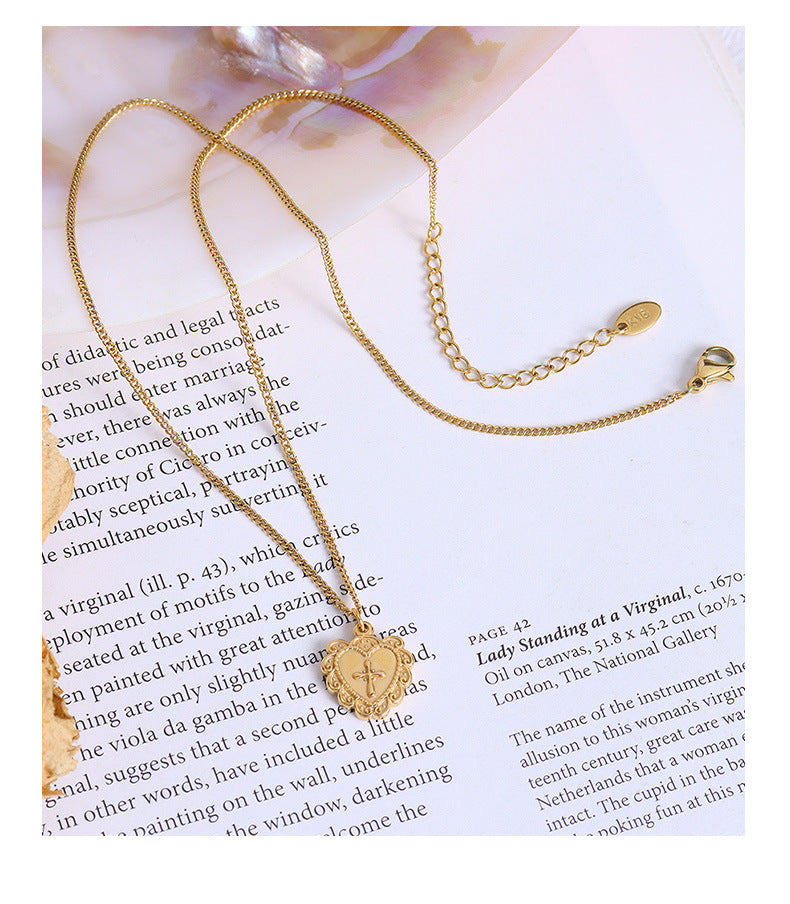 Elegant Heart Relief Cross Pattern Love Necklace in Gold Plated Titanium Steel