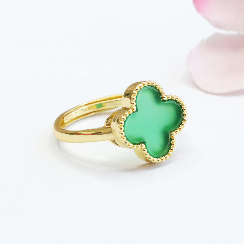 Green Chalcedony Four-leaf Clover Sterling Silver Ring