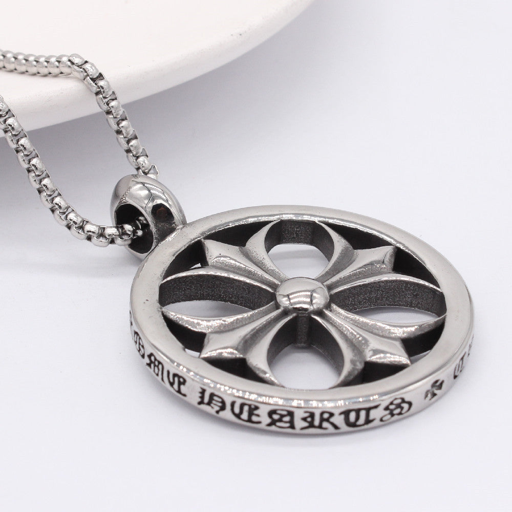 Cross Flower Hollow Round Titanium Steel Necklace for Men