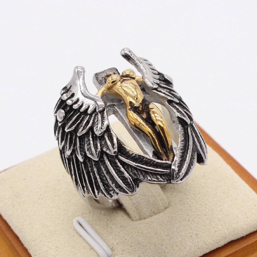 Europe and America Wholesale of Personalized Retro Cross Angel Men's Titanium Steel Ring