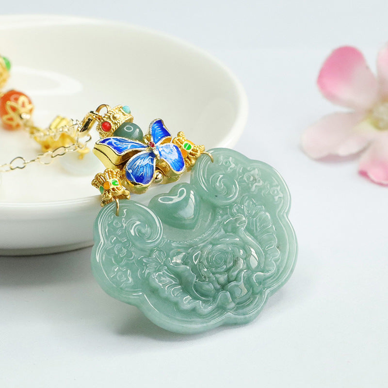 Natural Blue Green Jade Pendant Jade Ruyi Lock Pendant Colourful Necklace