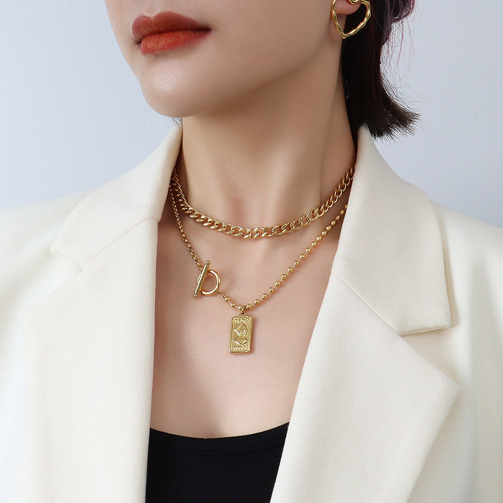 Gold Plated Geometric Necklace with OT Buckle - French Inspired Jewelry