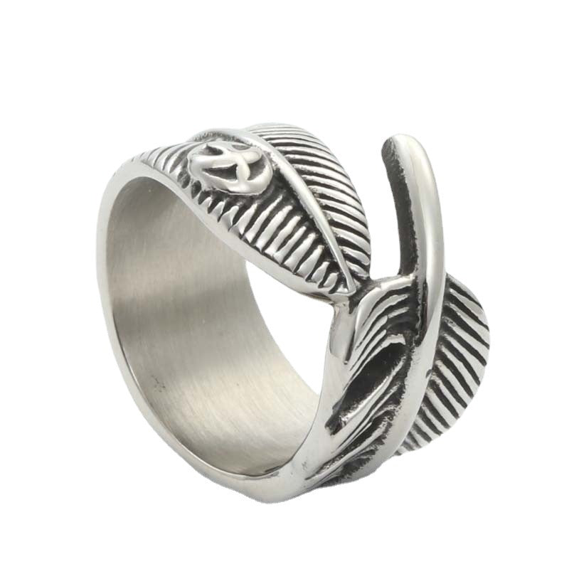 Titanium Steel Retro Feather Ring for Men - Unique Punk Wing Design